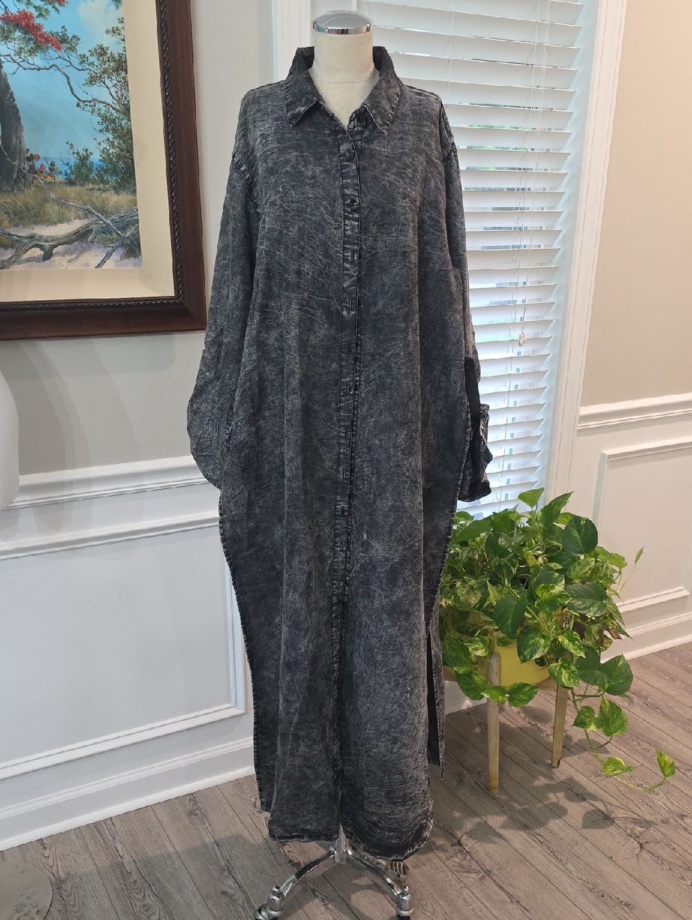 Thrill Washed Black Split Sides And Back Denim-Look Maxi Shirt